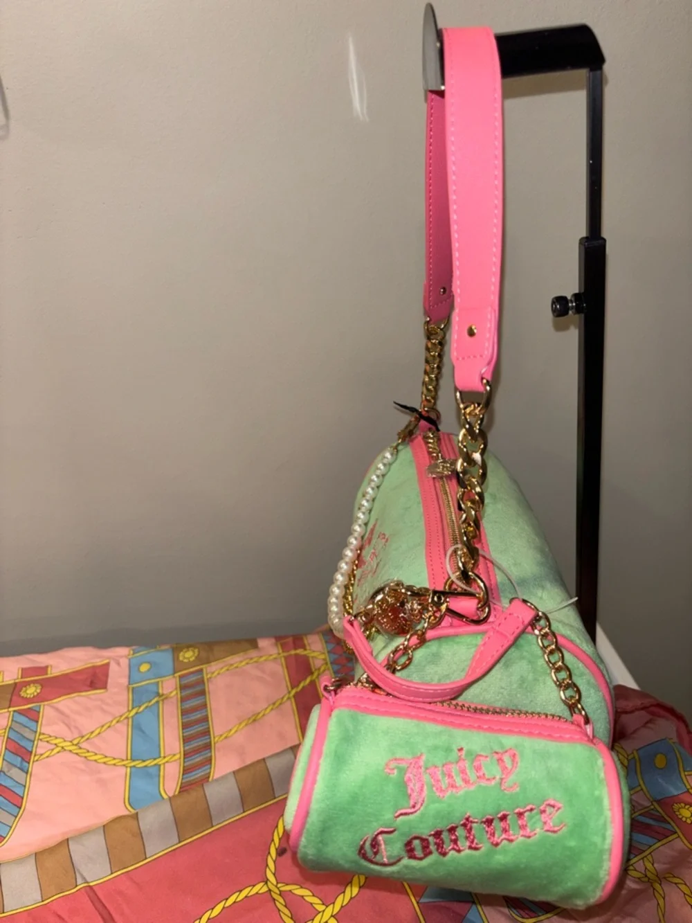 Juicy Couture Retro Green and Pink HandBag with Complimentary bag charms